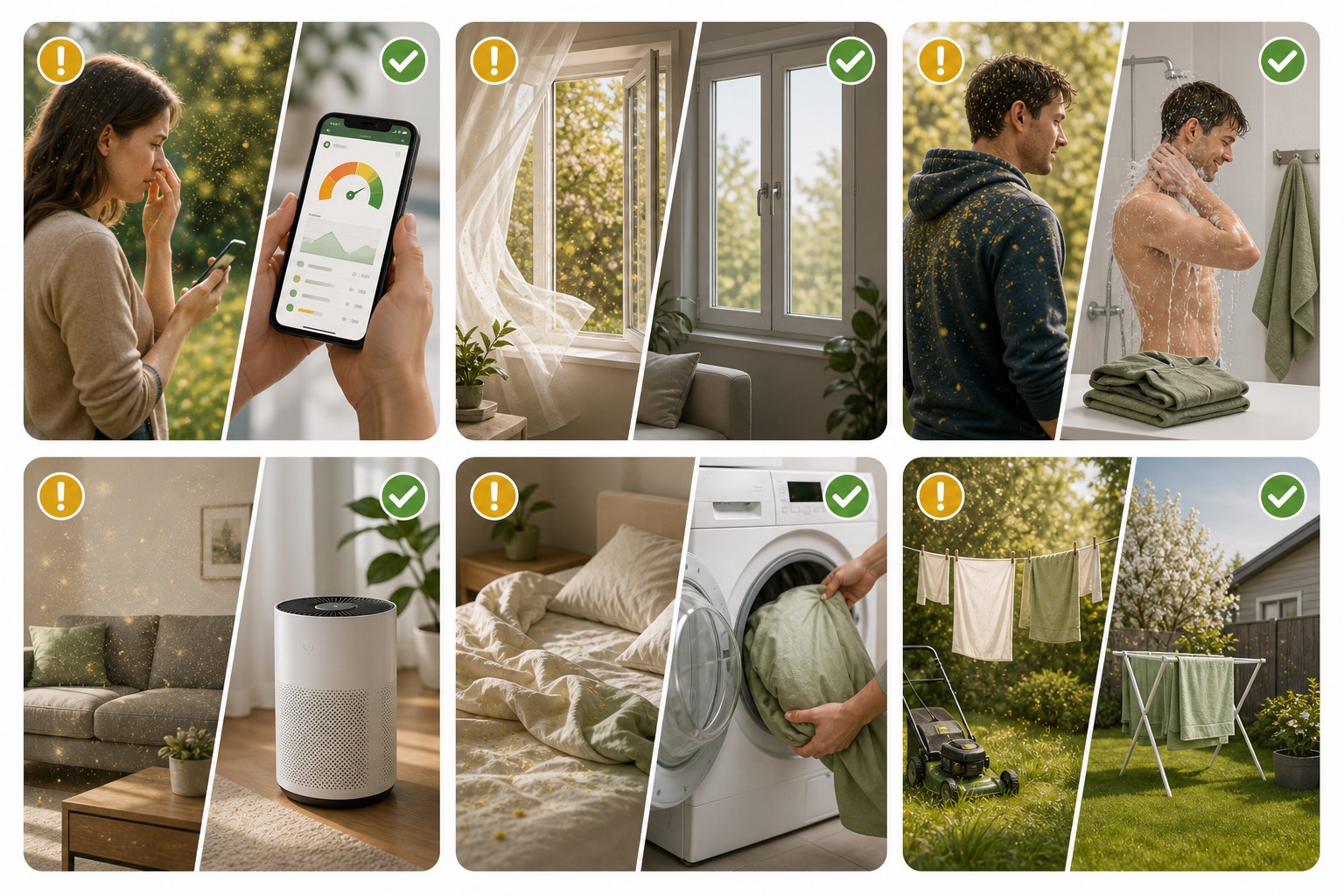 Seasonal allergy prevention habits including checking pollen levels, closing windows, showering after outdoor exposure, filtering indoor air, washing bedding and avoiding outdoor laundry on high-pollen days.