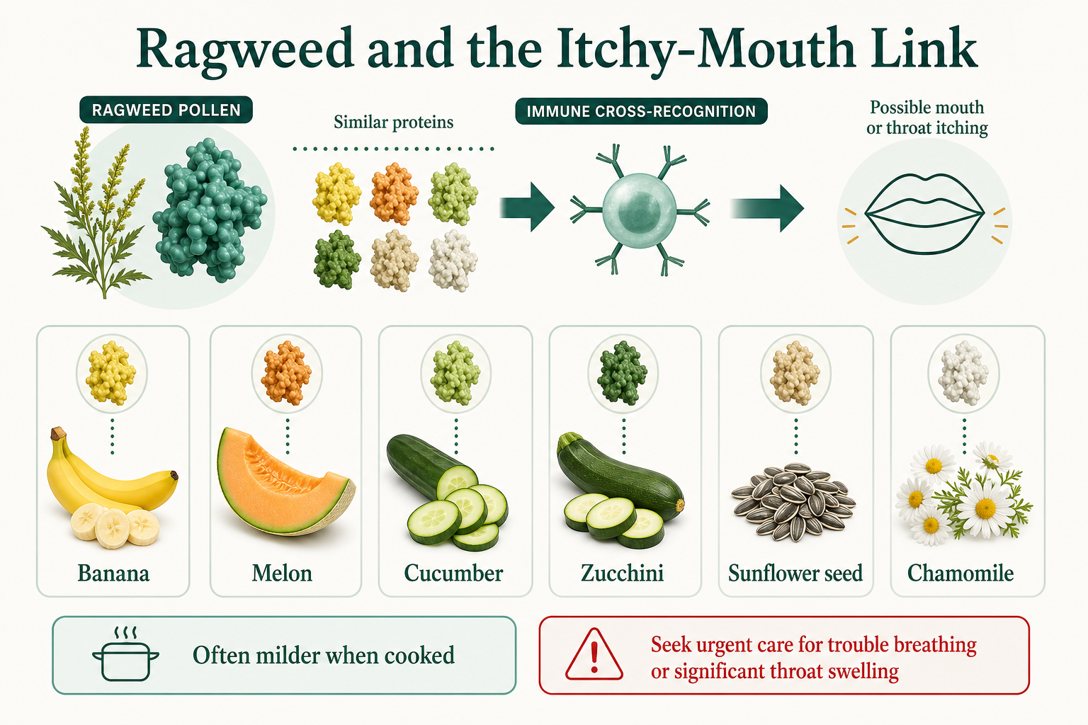 Ragweed pollen-food syndrome diagram linking similar proteins in banana, melon, cucumber, zucchini, sunflower seed and chamomile to mouth or throat itching.