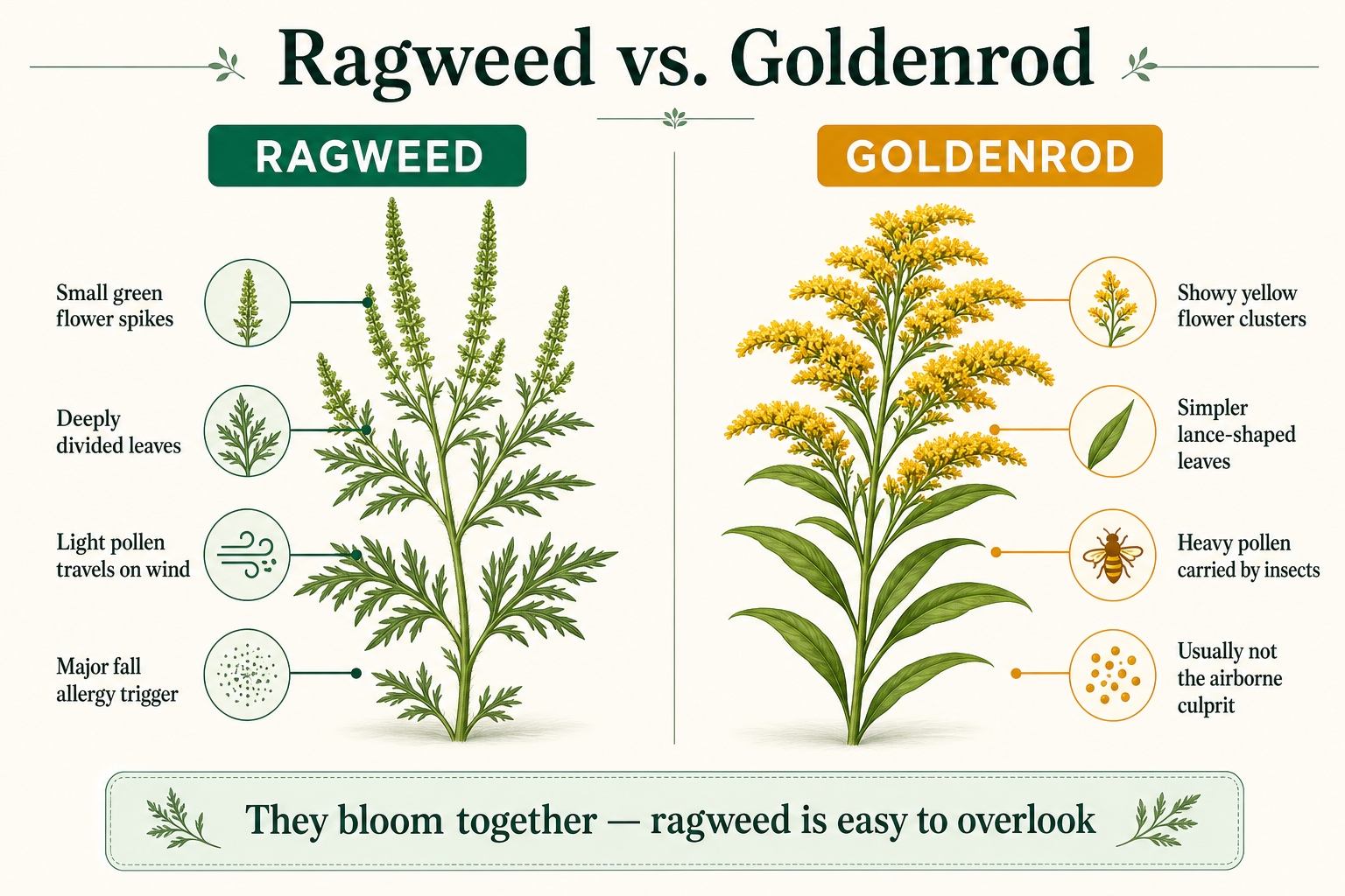 Botanical comparison of ragweed and goldenrod showing flower appearance, leaf shape and wind-borne versus insect-carried pollen.