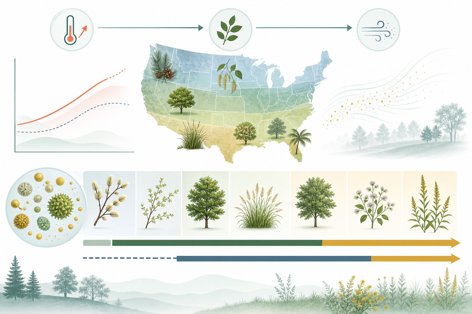 Medical data illustration showing how geography, warmer conditions, flowering plants and wind can change the timing and duration of pollen exposure.
