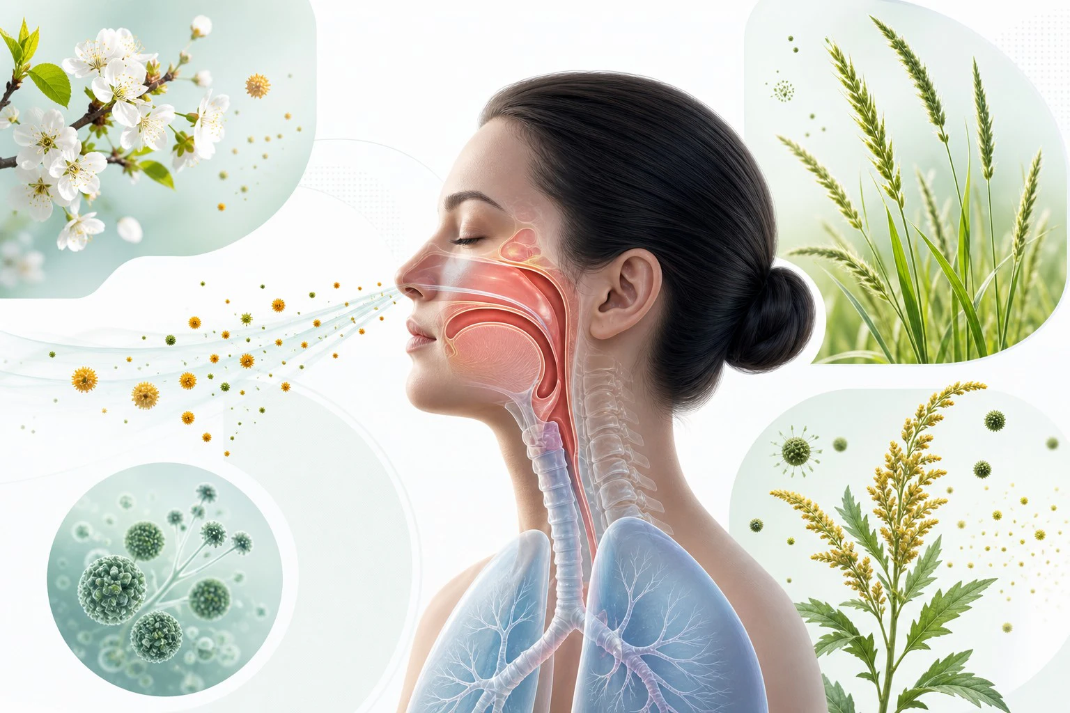Seasonal pollen from flowering trees, grasses and ragweed associated with spring, summer and fall allergy symptoms.