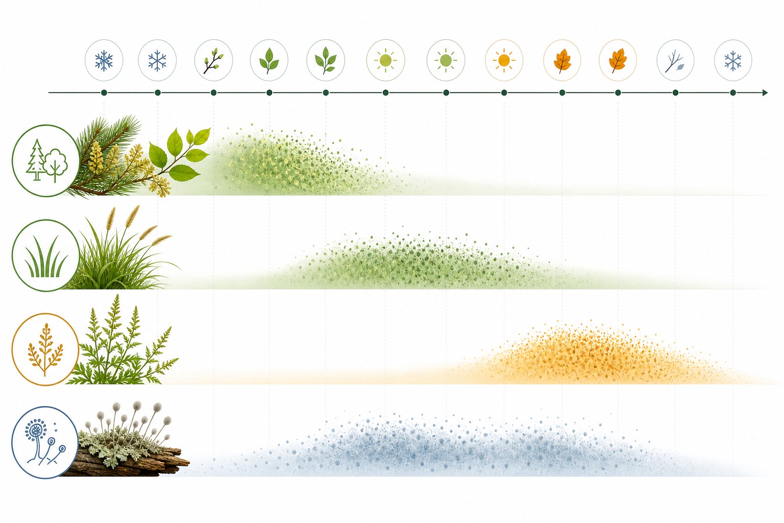 Annual pollen calendar showing tree pollen concentrated in spring, grass pollen in late spring and summer, ragweed in late summer and fall, and mold spores across warm damp months.