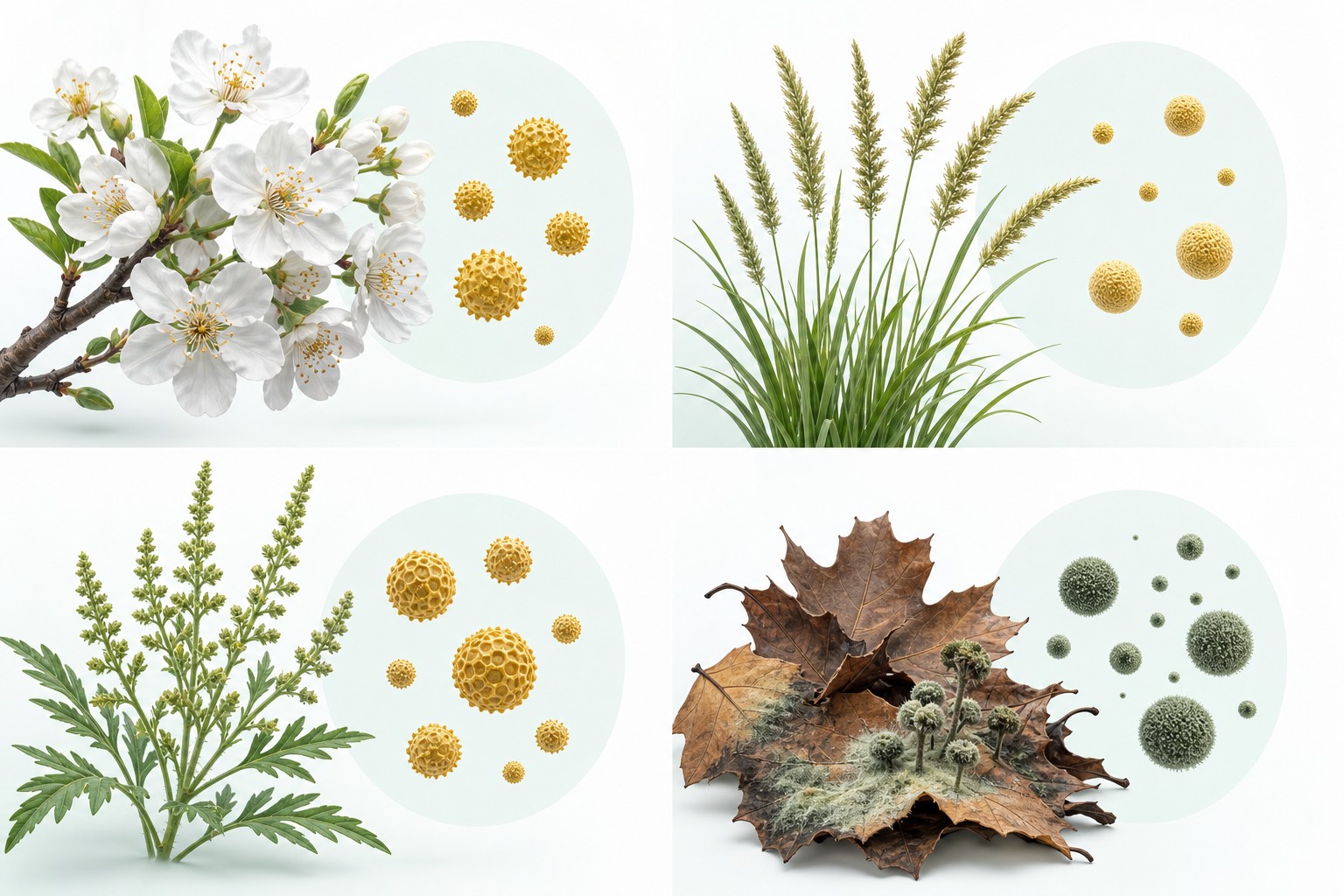 Seasonal allergy sources including flowering tree pollen, grass pollen, ragweed pollen and outdoor mold growing on damp fallen leaves.
