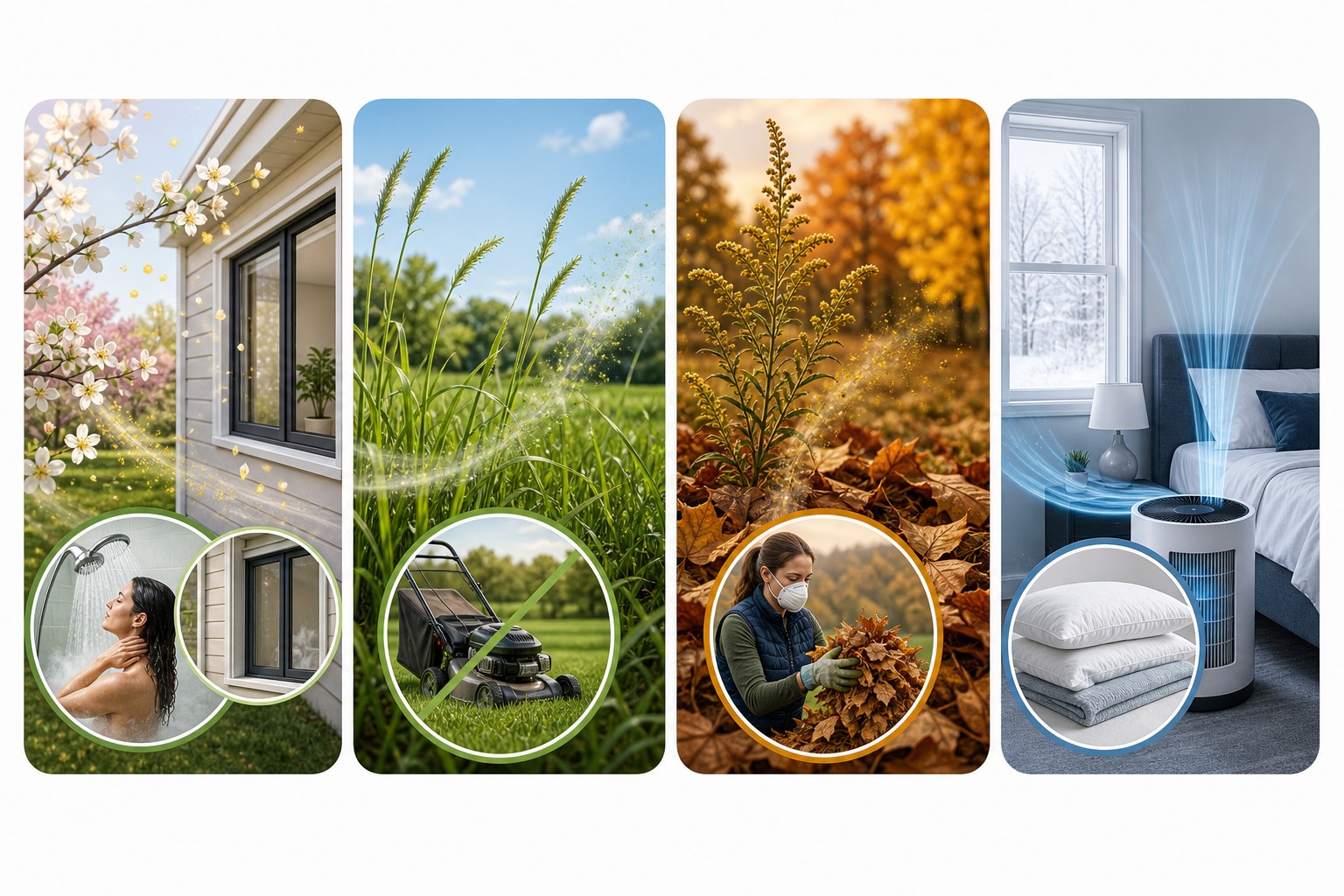 Season-by-season allergy relief showing spring tree pollen precautions, summer grass avoidance, fall ragweed and leaf-mold protection, and winter indoor air and bedding control.