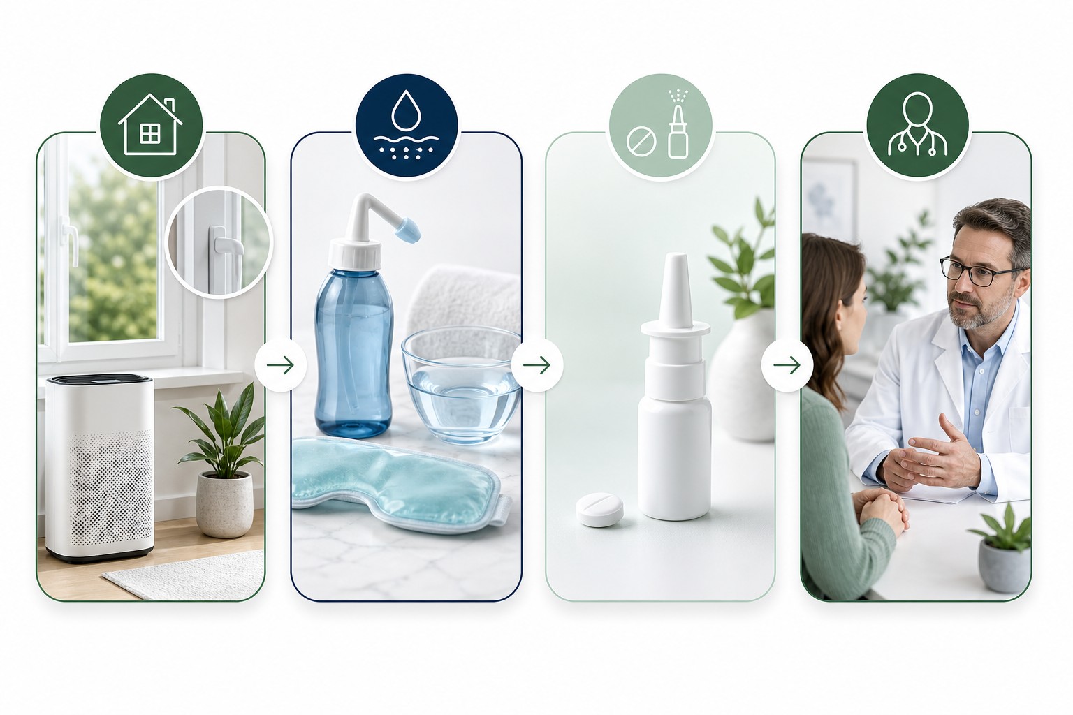 Four-part seasonal allergy relief plan showing pollen exposure control, saline rinsing and eye soothing, symptom-targeted medicine and an allergist consultation.