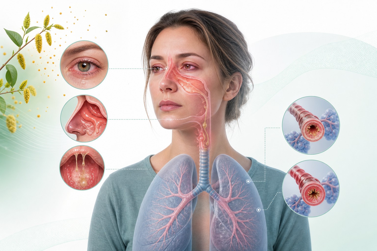 Medical illustration showing seasonal pollen affecting watery eyes, inflamed nasal passages, postnasal drip and narrowed lower airways.
