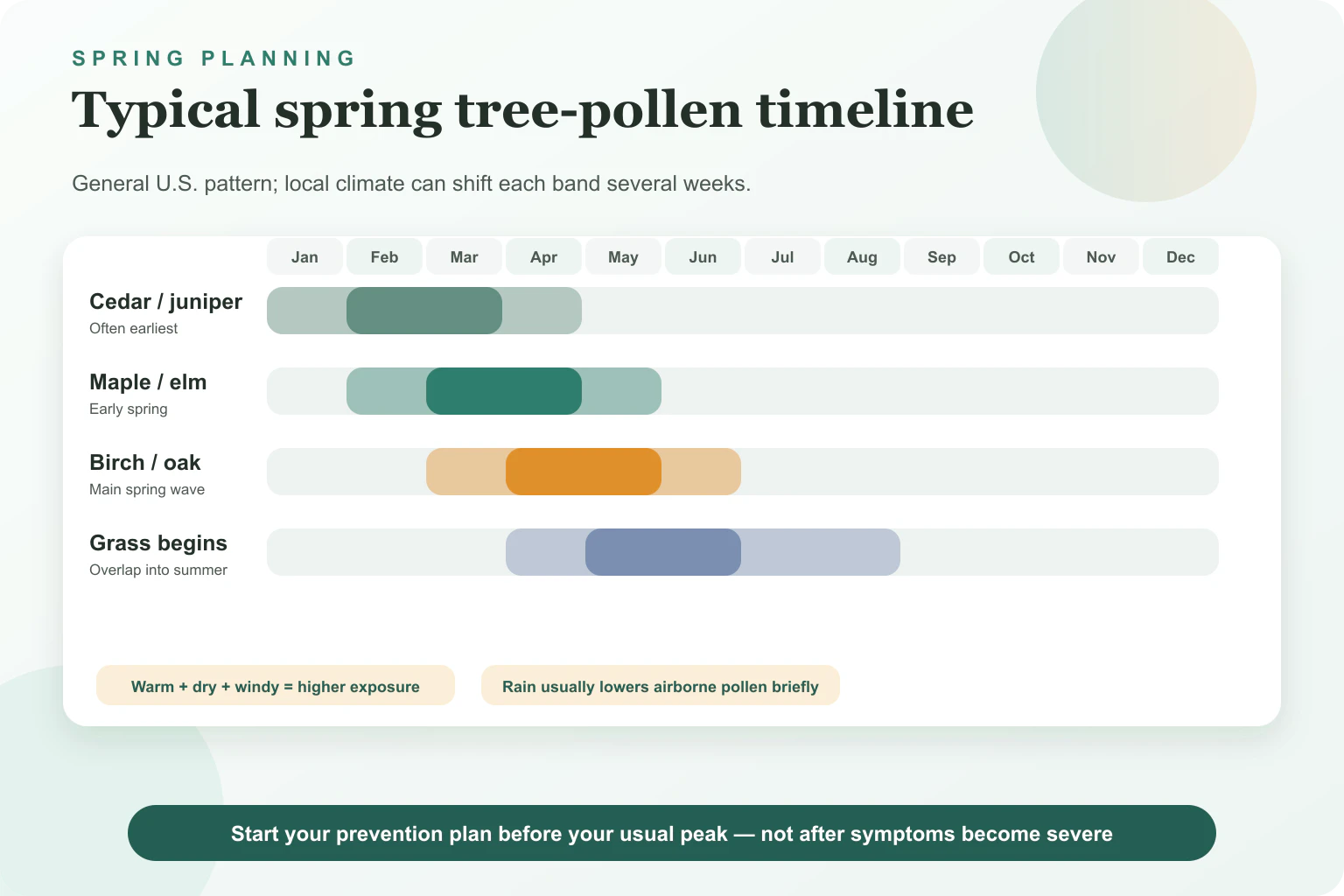 Typical U.S. spring pollen timeline for cedar, maple, elm, birch, oak and the start of grass season.
