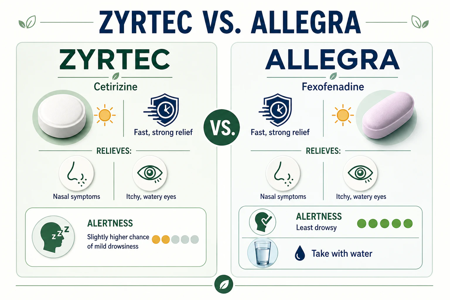 Side-by-side comparison of Zyrtec cetirizine and Allegra fexofenadine for allergy relief, alertness and drowsiness.