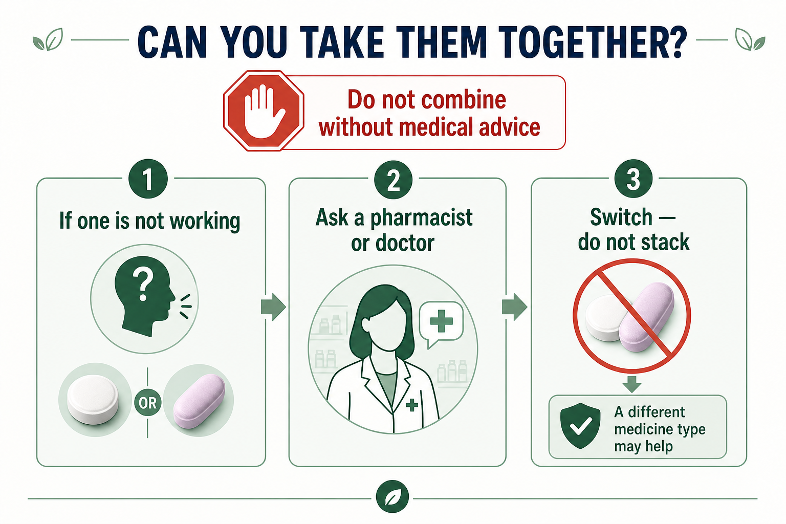 Safety flow advising against combining Zyrtec and Allegra without medical advice and recommending consultation before switching.