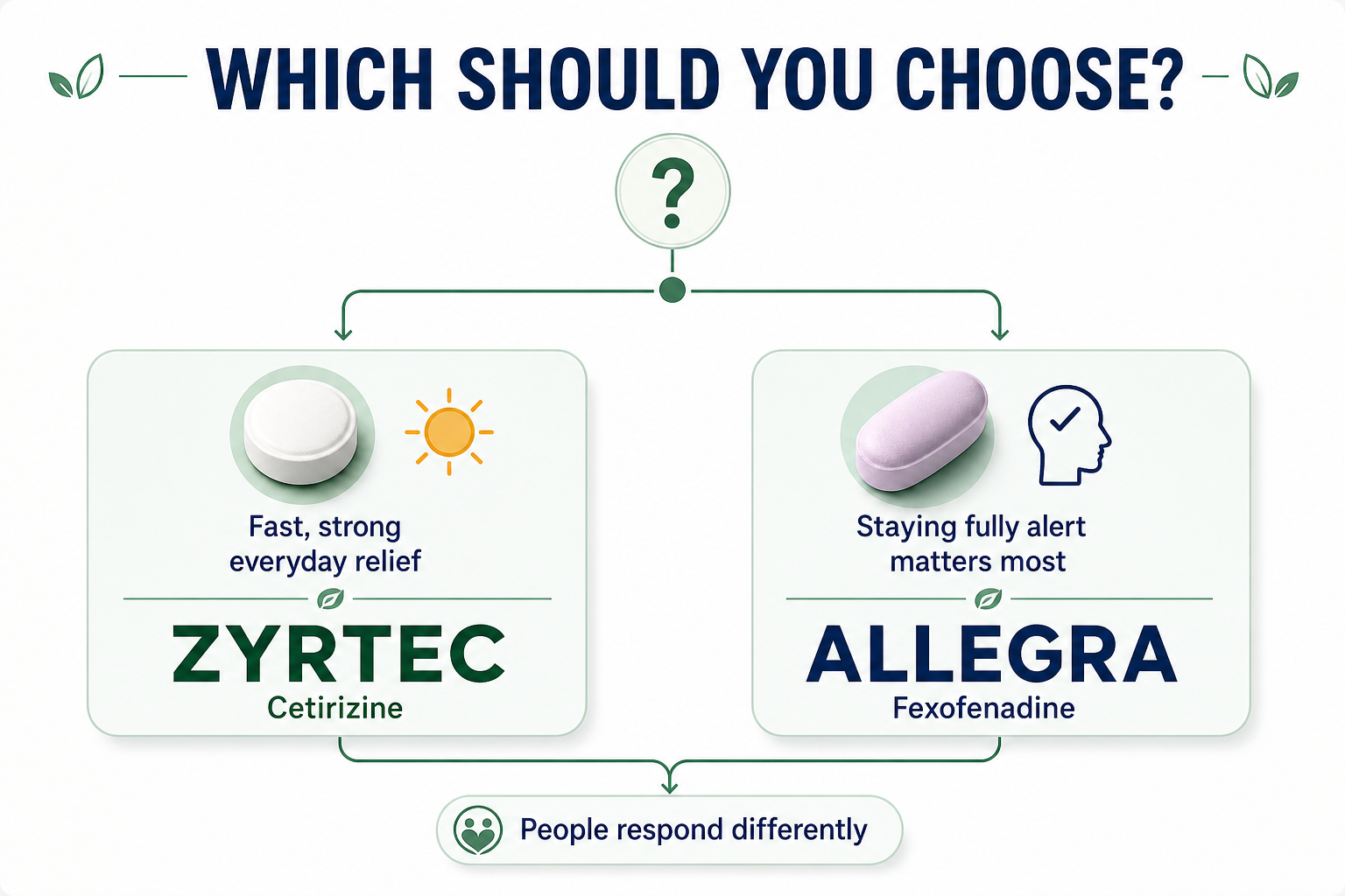 Decision guide choosing Zyrtec for fast strong everyday relief or Allegra when staying fully alert matters most.